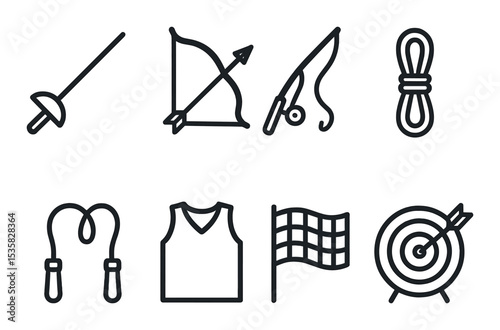 linear style icons of sports: fencing sword, archery bow, fishing rod, climbing rope, jump rope, sports jersey, finish flag, target board.