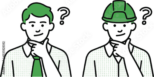 Vector cartoon illustration of two thinking men one in a hard hat isolated on white background