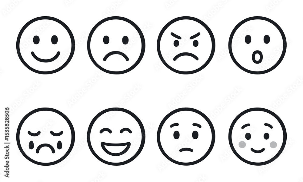 Emotion icons linear style: happy face, sad face, angry face, surprised face, crying face, laughing face, confused face, shy face.