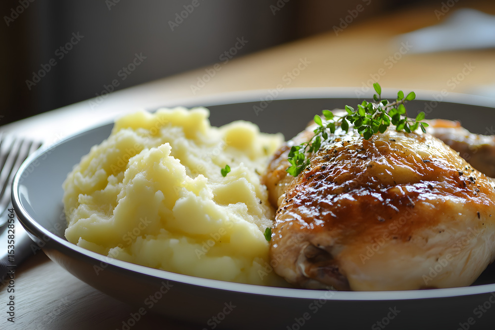 Roasted Chicken Leg with Mashed Potatoes in Wooden Bowl Roasted Chicken Leg with Mashed Potatoes in Wooden Bowl