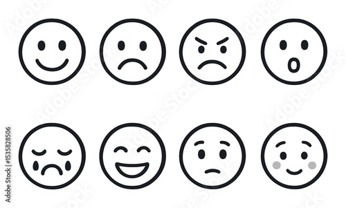 Emotion icons linear style: happy face, sad face, angry face, surprised face, crying face, laughing face, confused face, shy face.