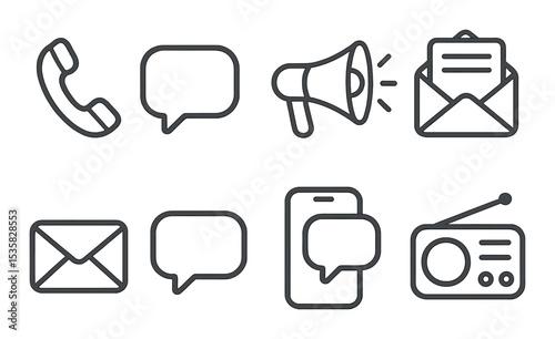 Communication tools linear icons: phone, chat bubble, megaphone, email, newsletter, envelope, message app, radio.