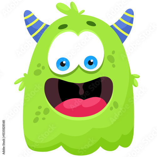 Funny green monster with horns, children's character, print