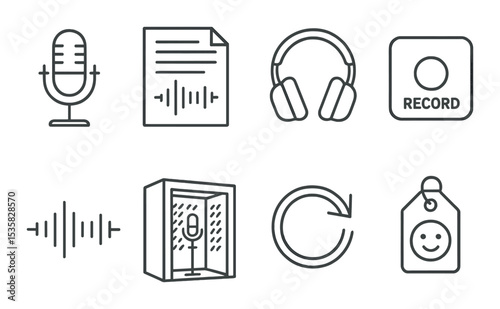 Voice acting: microphone, script page, headphones, record button, voice wave, audio booth, retake icon, emotion tag. Linear style, isolated, no text