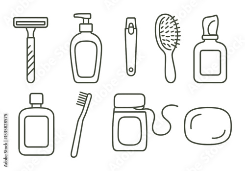 Personal grooming: razor, lotion, nail clipper, hairbrush, cologne, toothbrush, floss, soap. Linear style, isolated, no text