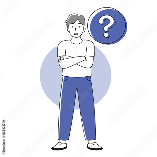 Anxious guy standing with crossed arms next to a blue question mark asks for help