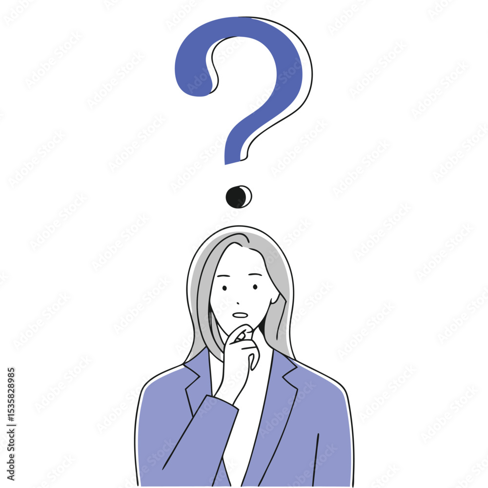 Pensive businesswoman gazes upward at a big blue question mark floating above her head Pensive businesswoman gazes upward at a big blue question mark floating above her head