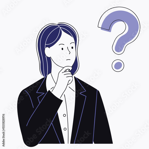 Young businesswoman ponders solutions while looking at a floating question mark symbol