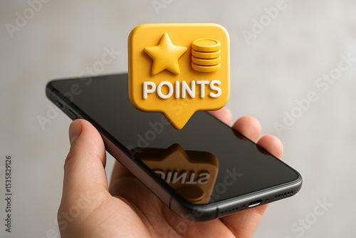 A person interacts with a smartphone, showcasing a points system concept in an illustrative manner. The image focuses on earning and redeeming rewards digitally.