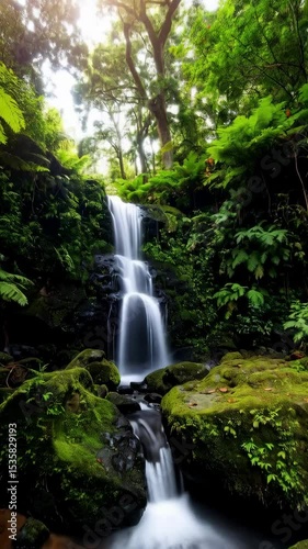 Lush green forest cascade featuring moss covered rocks and ferns, long exposure blurred motion of falling water, tropical nature background