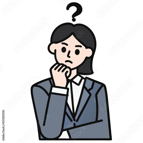 Pensive businesswoman in a gray suit contemplates an unsolved problem with a question mark