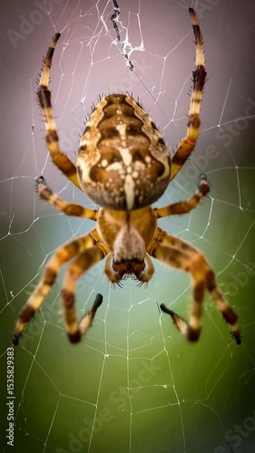 Close-up of an Orb Weaver Spider Hanging Upside Down on its Web, displaying its patterned abdomen and hairy legs against a nature background.