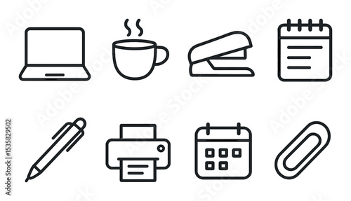 linear style icons of office: laptop, coffee cup, stapler, notepad, pen, printer, calendar, paper clip.