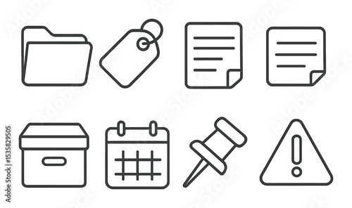 Organizational tools in linear style: folder, label tag, divider, notes, archive box, calendar, pin, priority marker.