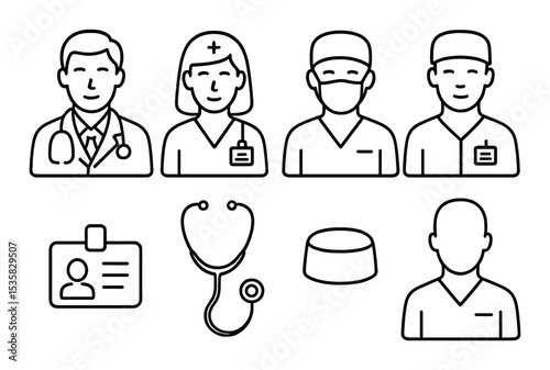 Medical staff in linear style: doctor, nurse, surgeon, technician, name badge, stethoscope, cap, scrubs.
