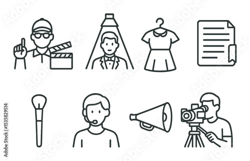 Actors and crew: director icon, actor spotlight, costume, script, makeup brush, assistant, megaphone, camera operator. Linear style, isolated, no text