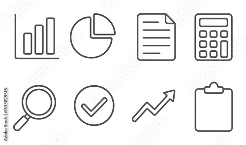 Finance reports in linear style: bar chart, pie chart, document, calculator, magnifying glass, checkmark, trend arrow, clipboard.