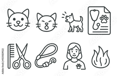 Pets & animals in linear style: pet emoji, meowing cat icon, barking dog, pet medical chart, grooming scissors, leash icon, pet sitter, fur icon.