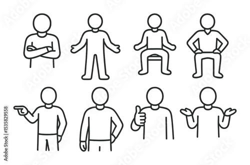 Body language in linear style: crossed arms, open posture, sitting person, hands on hips, pointing finger, head nod, thumbs up, shrug gesture.