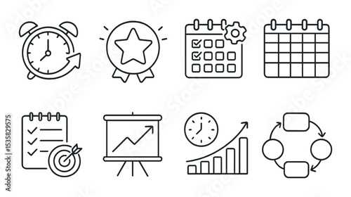 Time management & productivity in linear style: early start icon, motivation badge, routine builder, 7-day plan, goal checklist, plan success, day routine chart, habit loop.