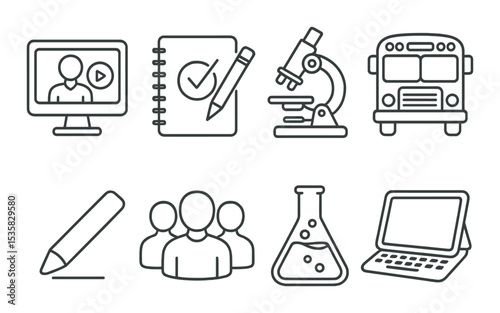 Education and e-learning, linear style: video class, homework icon, microscope, school bus, chalk icon, student group, lab flask, tablet with keyboard.