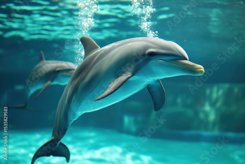 Dolphins glide effortlessly underwater in unison. Their sleek, gray forms exhibit a captivating marine grace as they navigate the ocean's depths, showcasing nature's fluid harmony.