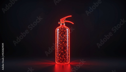 Low-Poly Wireframe Fire Extinguisher on Dark Background – Safety and Industrial Technology Concept