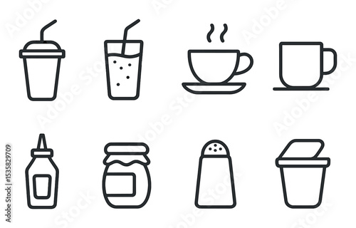 linear style icons of food: soda cup, smoothie glass, tea cup, coffee mug, ketchup bottle, honey jar, salt shaker, yogurt cup.