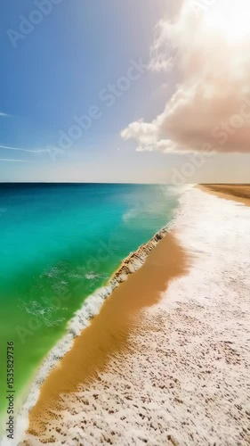 Scenic ocean view of turquoise water and sandy beach with white foam waves, under a bright blue sky with fluffy clouds on a sunny day.