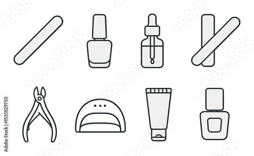 Manicure tools in linear style: nail file, nail polish, cuticle oil, buffer, clippers, UV lamp, hand cream, base coat.