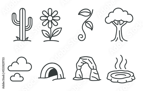Nature icons linear style: desert cactus, meadow flower, jungle vine, rainforest tree, cloud formation, animal burrow, natural arch, hot spring.