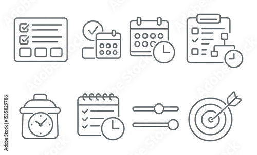 Time management & productivity in linear style: weekly goals board, appointment icon, calendar clock, optimized schedule, work timer icon, time planner, effort scale, target tracker.