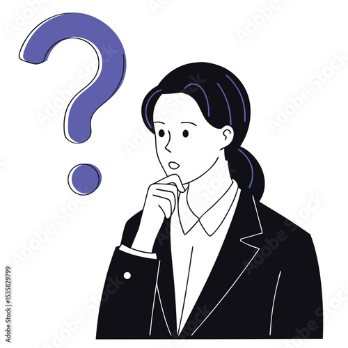 Serious Asian businesswoman ponders solution near giant question mark with focused expression