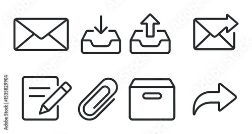 Mailing system in linear style: envelope, inbox, outbox, sent icon, draft, paperclip, archive, reply arrow.