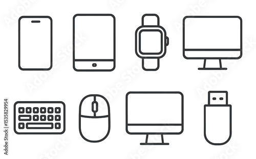 Digital devices in linear style: smartphone, tablet, smartwatch, desktop, keyboard, mouse, monitor, USB.