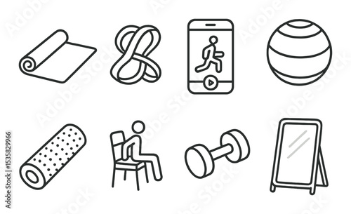 Home workouts in linear style: yoga mat, resistance band, app screen, exercise ball, foam roller, chair workout, dumbbell, mirror.