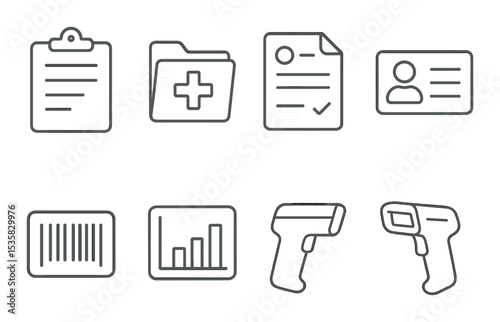 Medical records in linear style: clipboard, file, cross icon, test result, ID card, barcode, chart, scanner.
