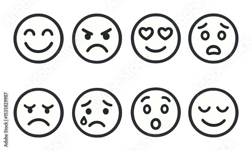 Emoticon faces linear icons: joy, anger, love, fear, disgust, sadness, surprise, relief.