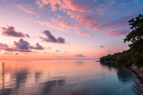 Peaceful Tropical Sunset Over Calm Ocean with Tree-Lined Shore and Colorful Sky