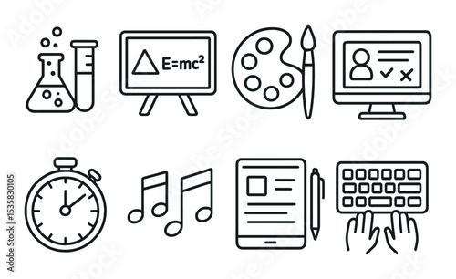 Education and e-learning, linear style: science kit, smartboard, art supplies, online quiz, timer clock, music notes, digital whiteboard, keyboard typing.