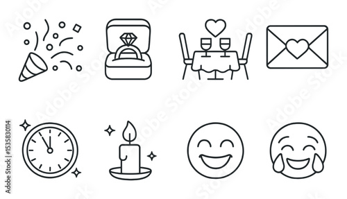 Holidays and emotions, linear style: confetti, engagement ring, romantic dinner, love letter, new year clock, candlelight, laughing face, happy tears.