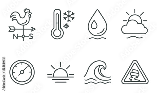 Weather & climate in linear style: weather vane, thermometer with snow, humidity icon, cloudy with sun, air pressure symbol, sunrise sky, high tide, icy road.