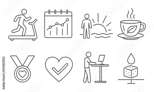 Healthy lifestyle in linear style: cardio habit icon, weekly progress, sunrise activity, organic tea, health rewards, daily habit icon, standing desk, sugar balance.