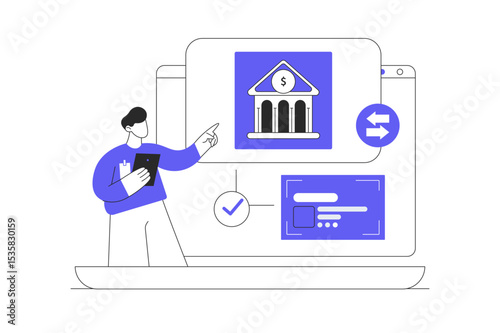 Financial illustration. Man Character with Laptop in online internet banking transfer electronic funds from bank to bank. Sending and receiving money. Flat Cartoon Vector Illustration, icon. Stylish 