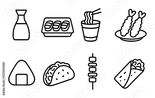 linear style icons of food: soy sauce bottle, sushi tray, noodle cup, tempura, kebab, rice ball, taco shell, burrito.