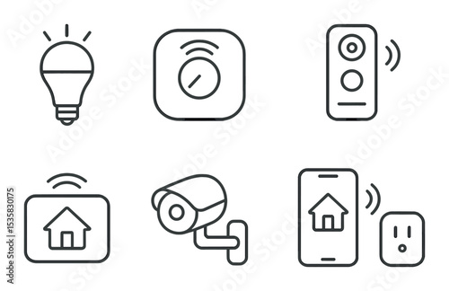 Smart home devices in linear style: smart bulb, thermostat, doorbell, speaker, home hub, security camera, app control, plug.