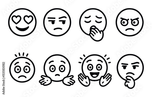 Emotion icons linear style: love heart eyes, suspicious look, sleepy yawn, focused eyes, stressed face, confused shrug, excited hands, thoughtful pose.