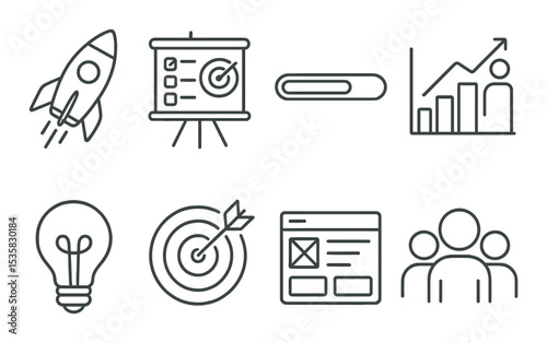 Startup launch in linear style: rocket, mission board, progress bar, investor chart, lightbulb, target, wireframe, team.