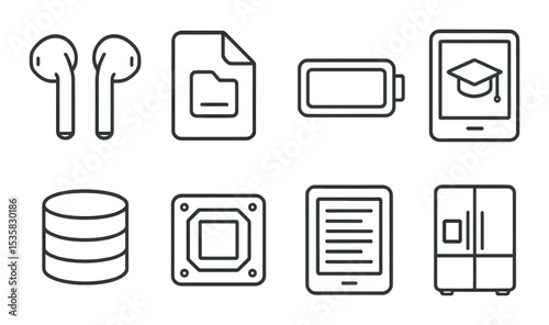 Technology, linear style: wireless earphones, digital file icon, battery icon, e-learning tablet, database, camera sensor, e-reader, smart fridge.