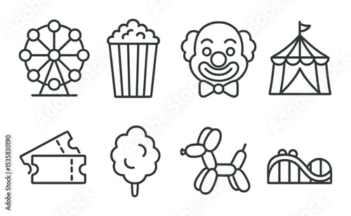 Carnival icons, linear style: Ferris wheel, popcorn box, clown face, circus tent, tickets, cotton candy, balloon animal, roller coaster.